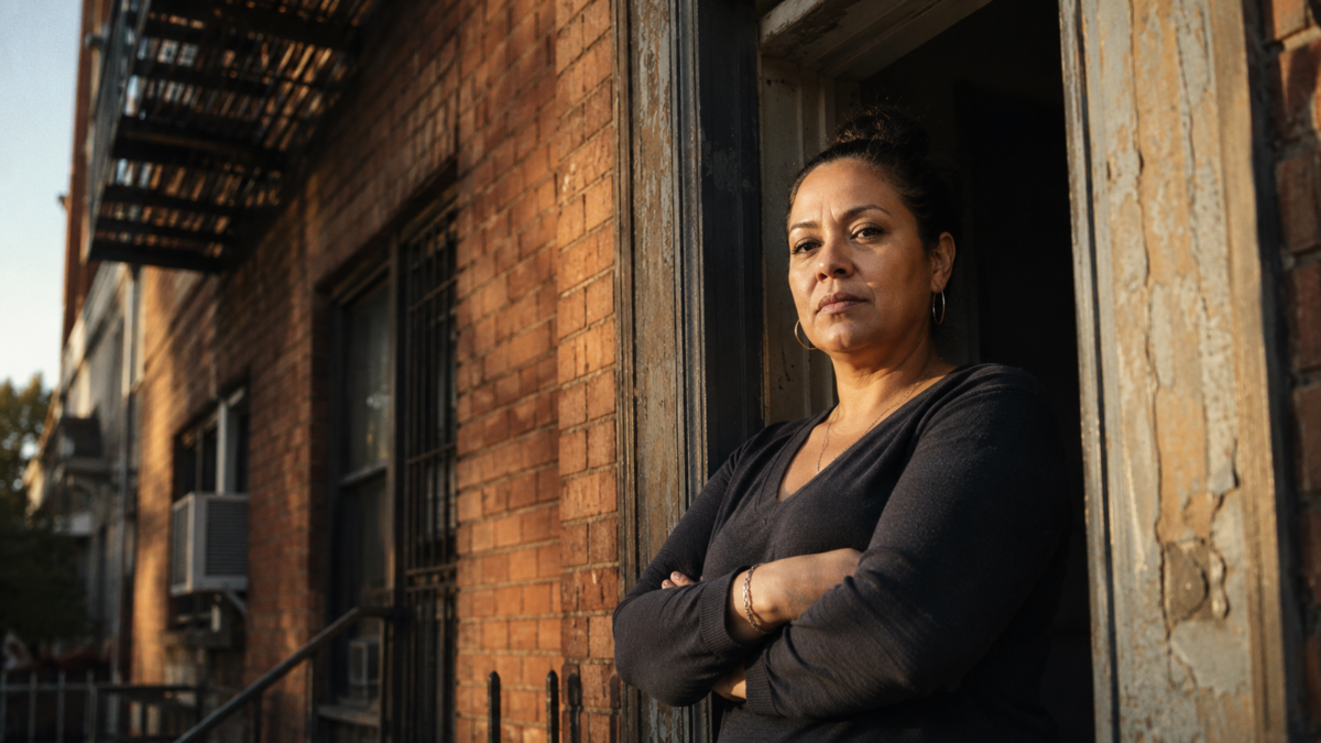 Bronx tenant standing in apartment building doorway, representing tenant rights and housing law in NYC